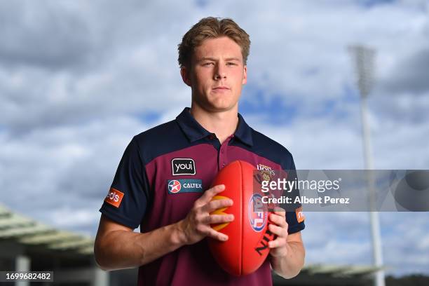 Jaspa Fletcher of the Lions poses for a portrait during a Brisbane Lions AFL media opportunity at Brighton Homes Arena on September 25, 2023 in...