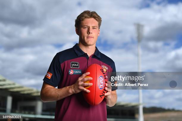 Jaspa Fletcher of the Lions poses for a portrait during a Brisbane Lions AFL media opportunity at Brighton Homes Arena on September 25, 2023 in...