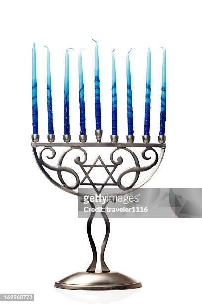 hanukkah menorah - blue candle stock pictures, royalty-free photos & images