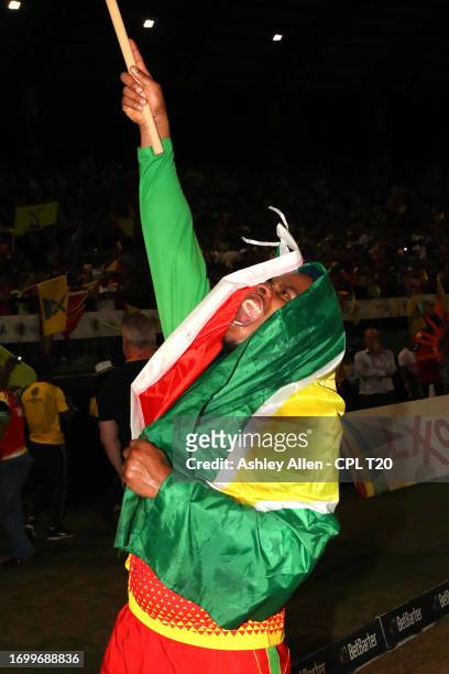 Shimron Hetmyer of Guyana Amazon Warriors celebrates winning the Republic Bank Caribbean Premier League trophy after the Republic Bank Caribbean...