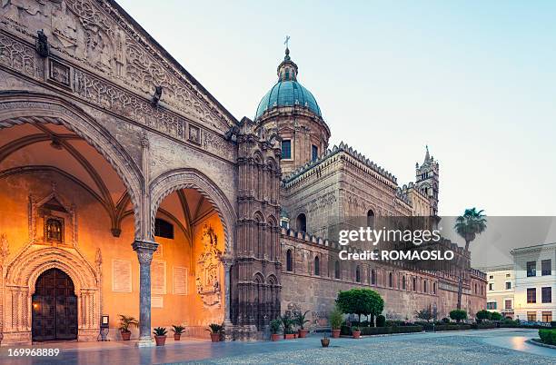 palermo cathedral at dusk, sicily italy - palermo viejo stock pictures, royalty-free photos & images