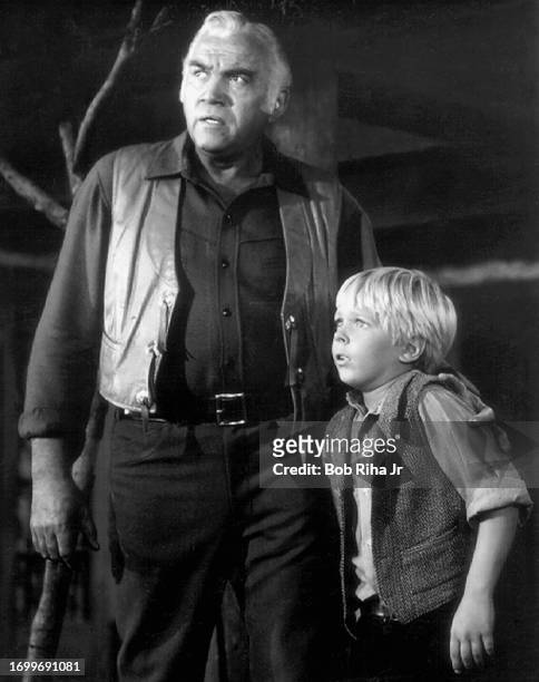 Actors Lorne Greene and Bobby Riha film an episode called The Burning Sky of the television western Bonanza, circa June 1, 1968 in Los Angeles,...