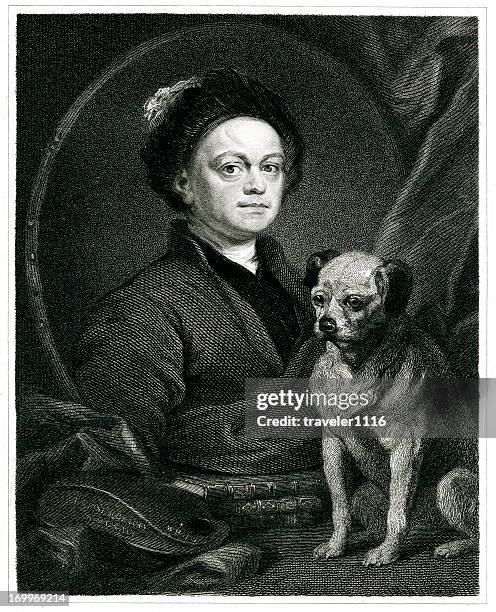 william hogarth - pug portrait stock illustrations