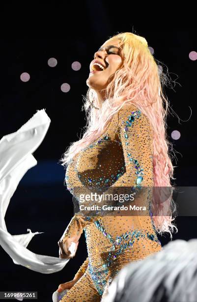Karol G performs during her "Mañana Será Bonito" Tour at Camping World Stadium on September 24, 2023 in Orlando, Florida.