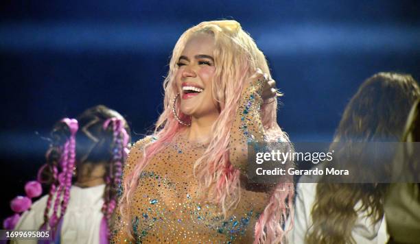 Karol G performs during her "Mañana Será Bonito" Tour at Camping World Stadium on September 24, 2023 in Orlando, Florida.