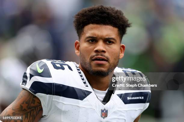 Teez Tabor of the Seattle Seahawks looks on before the game against the Carolina Panthers at Lumen Field on September 24, 2023 in Seattle, Washington.