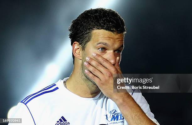 Michael Ballack reacts after the Michael Ballack farewell match at Red Bull Arena on June 5, 2013 in Leipzig, Germany.