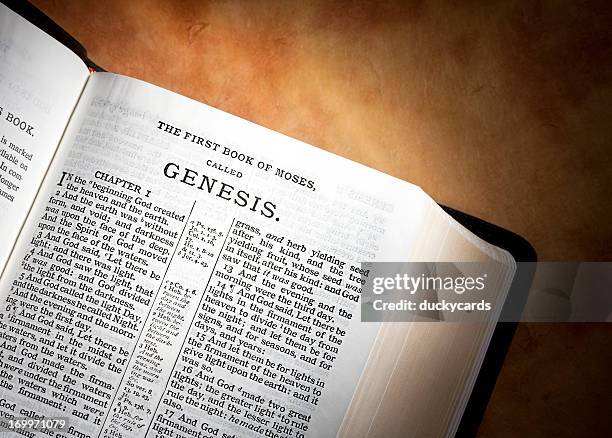 genesis in the kjv bible on parchment paper - creation stock pictures, royalty-free photos & images
