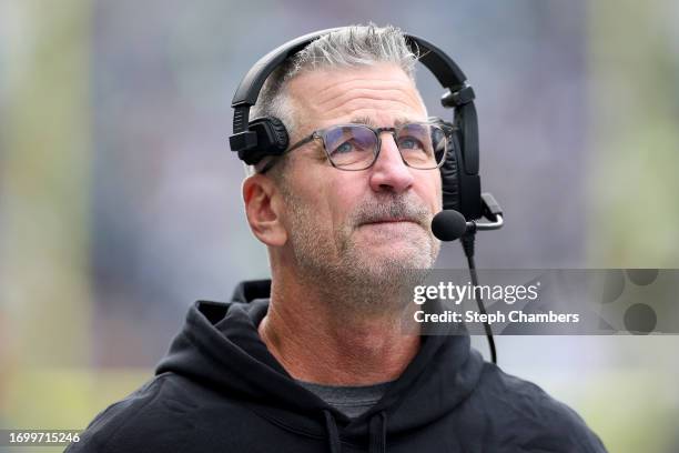 Head coach Frank Reich of the Carolina Panthers reacts during the first quarter against the Seattle Seahawks at Lumen Field on September 24, 2023 in...