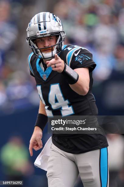 Andy Dalton of the Carolina Panthers celebrates a touchdown against the Seattle Seahawks during the second quarter at Lumen Field on September 24,...