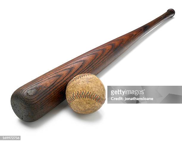 antique bat and baseball isolated on white background - baseball bats stock pictures, royalty-free photos & images