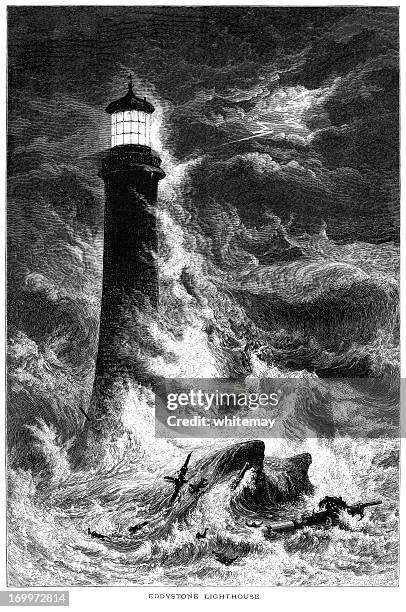 eddystone lighthouse with shipwreck in a storm (19th century engraving) - shipwreck stock illustrations