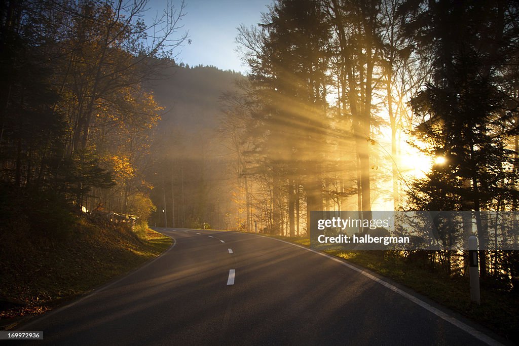 Sunlight Beams Cutting Through Mountain Road, Switzerland