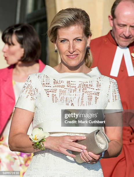Sophie, Countess of Wessex wearing a corsage leaves a reception for the Guildford Flower Festival on June 5, 2013 in Guildford, England.
