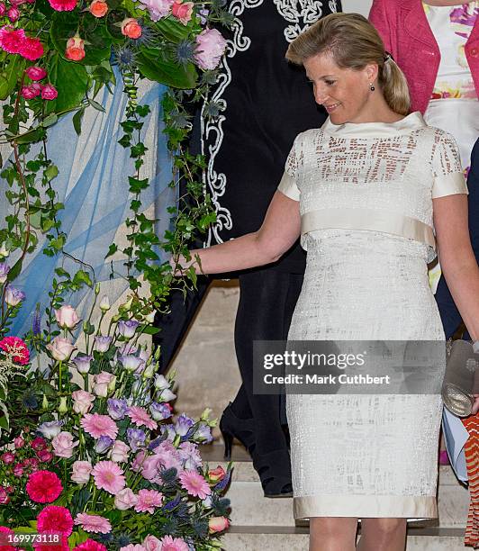 Sophie, Countess of Wessex looks at some of the flowers during a reception for the Guildford Flower Festival on June 5, 2013 in Guildford, England.