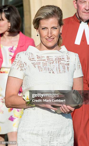 Sophie, Countess of Wessex wearing a corsage leaves a reception for the Guildford Flower Festival on June 5, 2013 in Guildford, England.