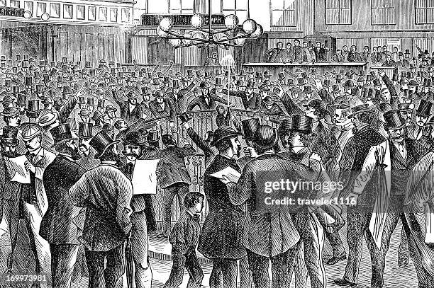 stockillustraties, clipart, cartoons en iconen met inside the new york stock exchange 1873 - vintage stock illustrations