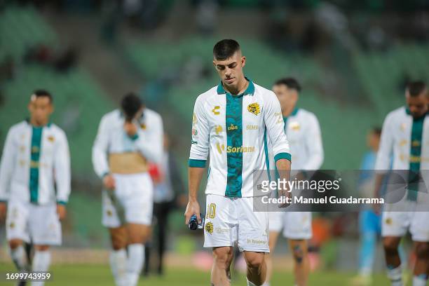 Juan Brunetta and his teammates lament after loosing the game during the 9th round match between Santos Laguna and Necaxa as part of the Torneo...
