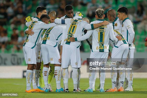 Players of Santos gather during the 9th round match between Santos Laguna and Necaxa as part of the Torneo Apertura 2023 Liga MX at Corona Stadium on...