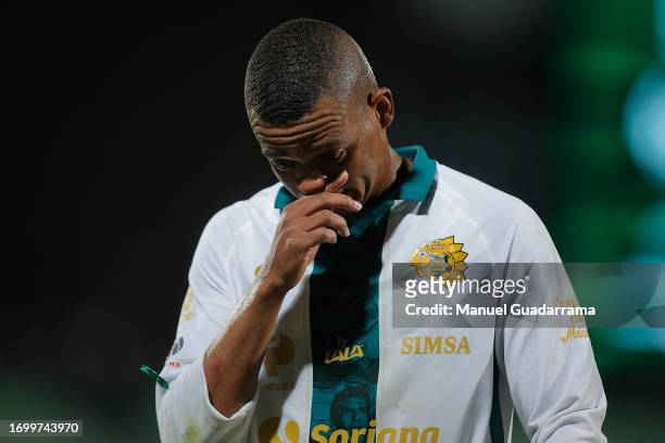 Harold Preciado of Santos cries after loosing the game during the 9th round match between Santos Laguna and Necaxa as part of the Torneo Apertura...