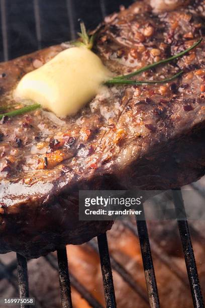 kobe new york steak on grill with fire - beefsteak 2013 stock pictures, royalty-free photos & images