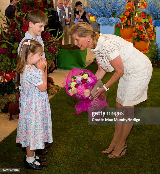 Sophie, Countess of Wessex is presented with a posy of flowers as she attends a reception for the Guildford Flower Festival at Guildford Cathedral...