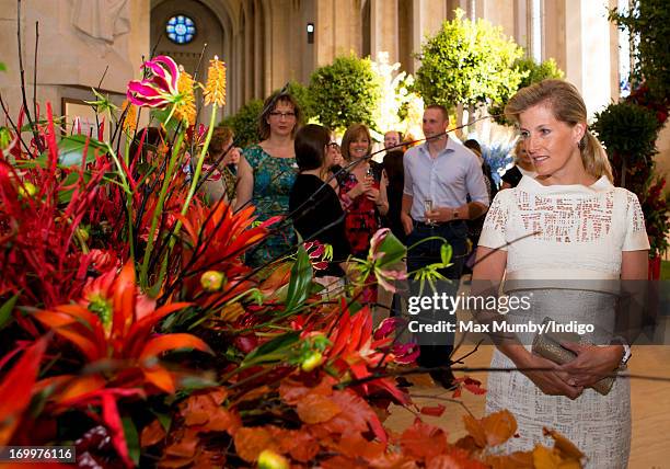 Sophie, Countess of Wessex views a floral display as she attends a reception for the Guildford Flower Festival at Guildford Cathedral during a day of...