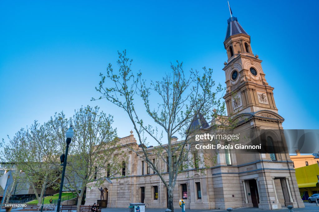 City streets and buildings at sunset