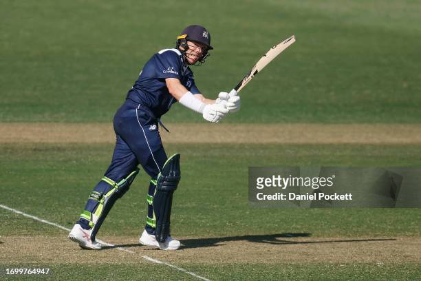 Marcus Harris of Victoria bats during the Marsh One Day Cup match between Victoria and Tasmania at CitiPower Centre, on September 25 in Melbourne,...