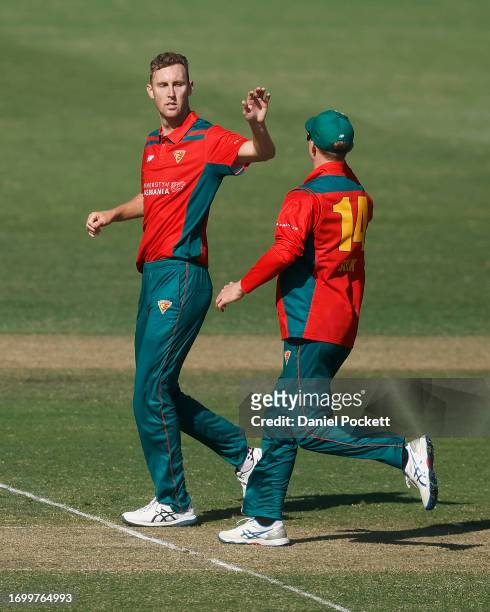 Billy Stanlake of Tasmania celebrates the dismissal of Marcus Harris of Victoria during the Marsh One Day Cup match between Victoria and Tasmania at...