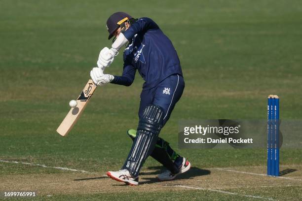 Peter Handscomb of Victoria bats during the Marsh One Day Cup match between Victoria and Tasmania at CitiPower Centre, on September 25 in Melbourne,...