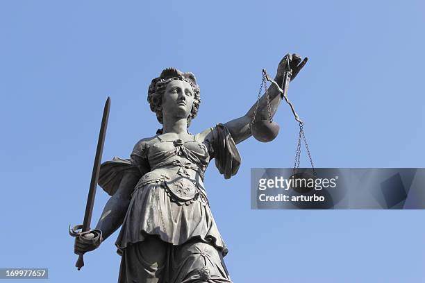 sword and blue sky with ancient lady justice justitia - lady justice statue stock pictures, royalty-free photos & images