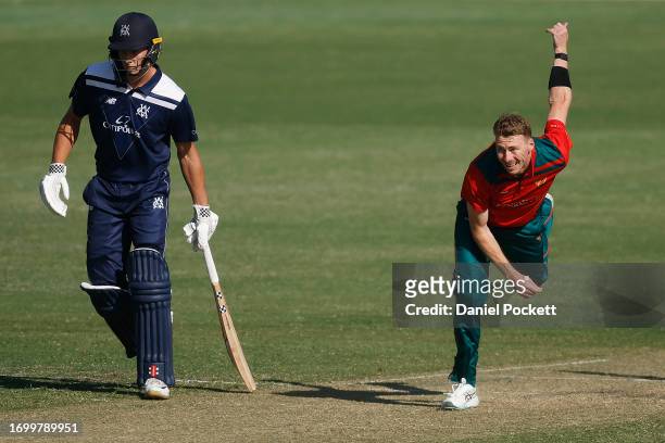 Riley Meredith of Tasmania bowls during the Marsh One Day Cup match between Victoria and Tasmania at CitiPower Centre, on September 25 in Melbourne,...