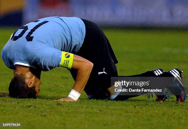 Andres Scotti of Uruguay reacts during a match between Uruguay and France as part of an International Friendly match at Centenario Stadium on June...