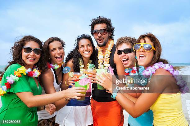 happy friends toasting during beach party - hawaiian culture stock pictures, royalty-free photos & images