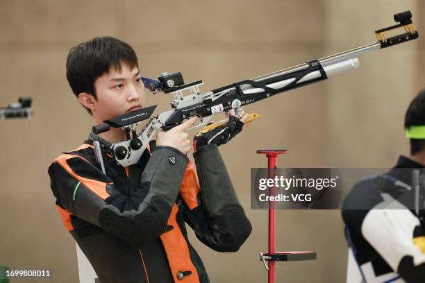 Yu Haonan of Team China competes in the Shooting - 10m Air Rifle Men's Final on day two of the 19th Asian Games at Final Hall on September 25, 2023...