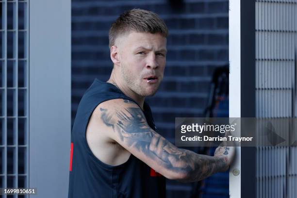 Jordan De Goey of the Magpies walks onto the ground before a Collingwood Magpies AFL training session at AIA Centre on September 25, 2023 in...