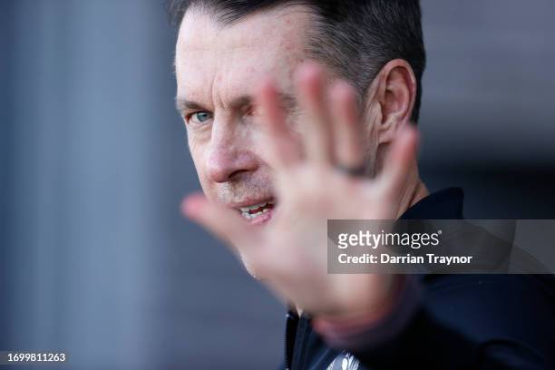 Craig McRae, Senior Coach of the Magpies walks onto the ground before a Collingwood Magpies AFL training session at AIA Centre on September 25, 2023...