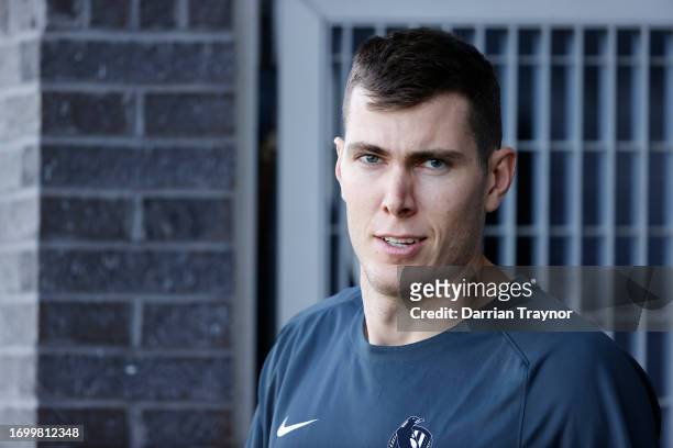 Mason Cox of the Magpies walks onto the ground before a Collingwood Magpies AFL training session at AIA Centre on September 25, 2023 in Melbourne,...