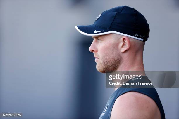 Tom Mitchell of the Magpies walks onto the ground before a Collingwood Magpies AFL training session at AIA Centre on September 25, 2023 in Melbourne,...
