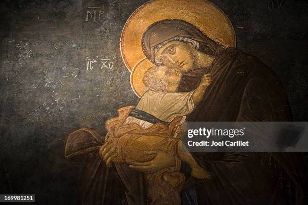 virgin and child fresco at chora church in istanbul - orthodox stock pictures, royalty-free photos & images