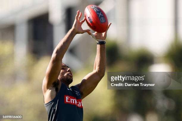 Isaac Quaynor of the Magpies marks the ball during a Collingwood Magpies AFL training session at AIA Centre on September 25, 2023 in Melbourne,...