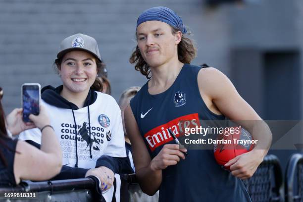 Jack Ginnivan of the Magpies poses for a photo during a Collingwood Magpies AFL training session at AIA Centre on September 25, 2023 in Melbourne,...
