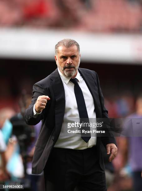 Ange Postecoglou, Manager of Tottenham Hotspur, reacts after the Premier League match between Arsenal FC and Tottenham Hotspur at Emirates Stadium on...