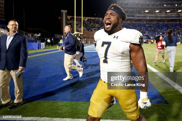 Audric Estime of the Notre Dame Fighting Irish celebrates following their game against the Duke Blue Devils at Wallace Wade Stadium on September 30,...