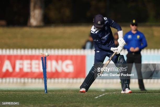 Peter Handscomb of Victoria is bowled out by Beau Webster of Tasmania during the Marsh One Day Cup match between Victoria and Tasmania at CitiPower...