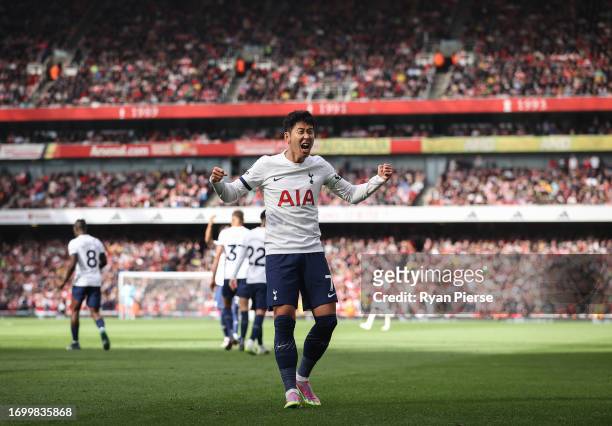 Heung-Min Son of Tottenham Hotspur celebrates after scoring his teams second goal during the Premier League match between Arsenal FC and Tottenham...