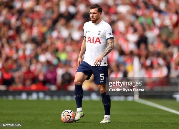 Pierre-Emile Hojbjerg of Tottenham Hotspur controls the ball during the Premier League match between Arsenal FC and Tottenham Hotspur at Emirates...