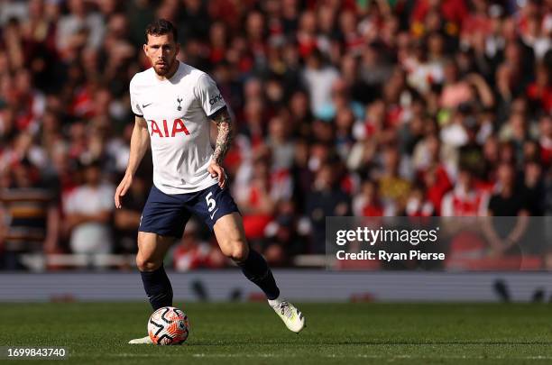 Pierre-Emile Hojbjerg of Tottenham Hotspur controls the ball during the Premier League match between Arsenal FC and Tottenham Hotspur at Emirates...