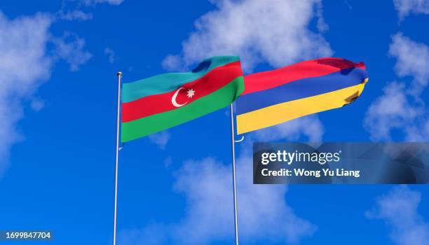 azerbaijan and armenia flag with blue sky, relationship, 3d render - armenia country stock pictures, royalty-free photos & images